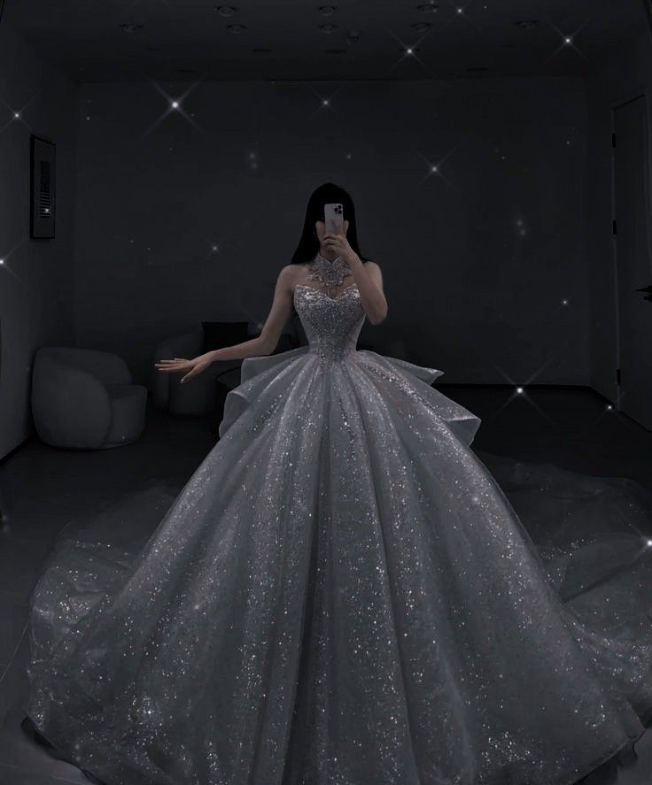 Romantisches Ballkleid mit hohem Halsausschnitt, silbernen Applikationen und Pailletten, langes Brautkleid, Göttinnenkleider, formelle Brautkleider B10