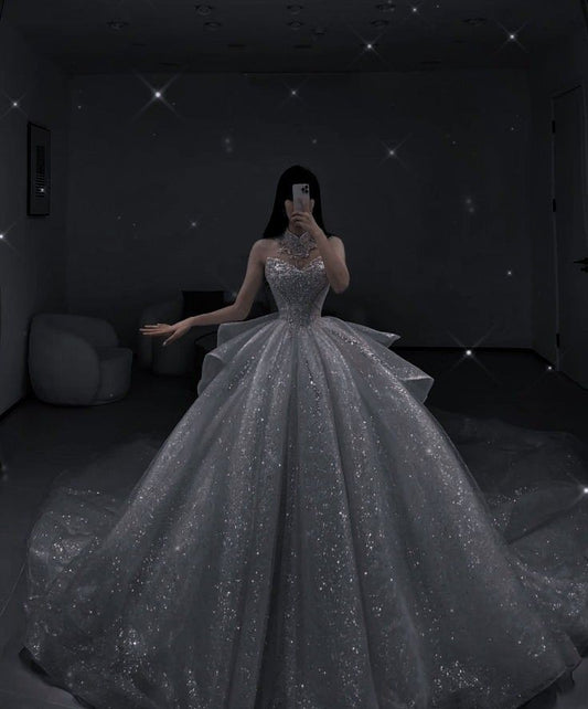 Romantic Ball Gown High Neck Silver Appliques Sequin Long Wedding Dress Goddesses Gowns Formal Wedding Dresses B10