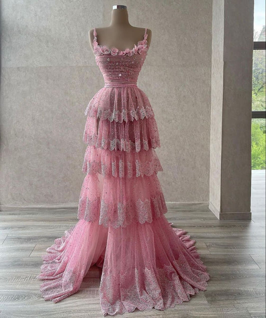 Elegant A Line Spaghetti Straps Pink Lace Long Floor Length Prom Dress Inspiration Prom Dresses B101