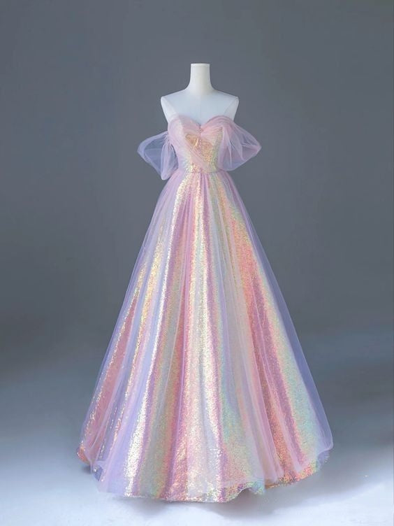 Robe de bal élégante à épaules dénudées et paillettes roses, longue et scintillante, longueur au sol, inspiration robes de bal B102