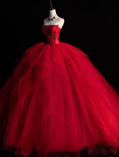 Cute Strapless Ball Gown Red Tulle Long Quinceanera Dress Gorgeous Quinceanera Dresses Sweet 15 16 Dress B104