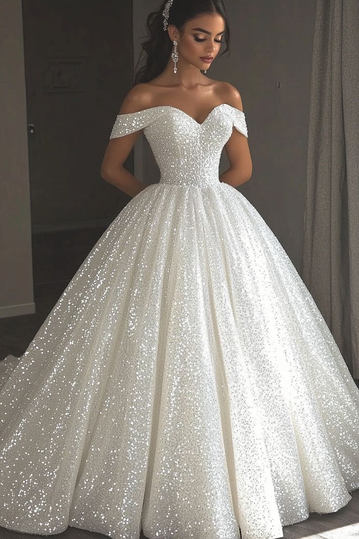 Sparkly Ball Gown Off The Shoulder Sequin Long Wedding Dress Fairy Formal Short Sleeves Wedding Dresses B113