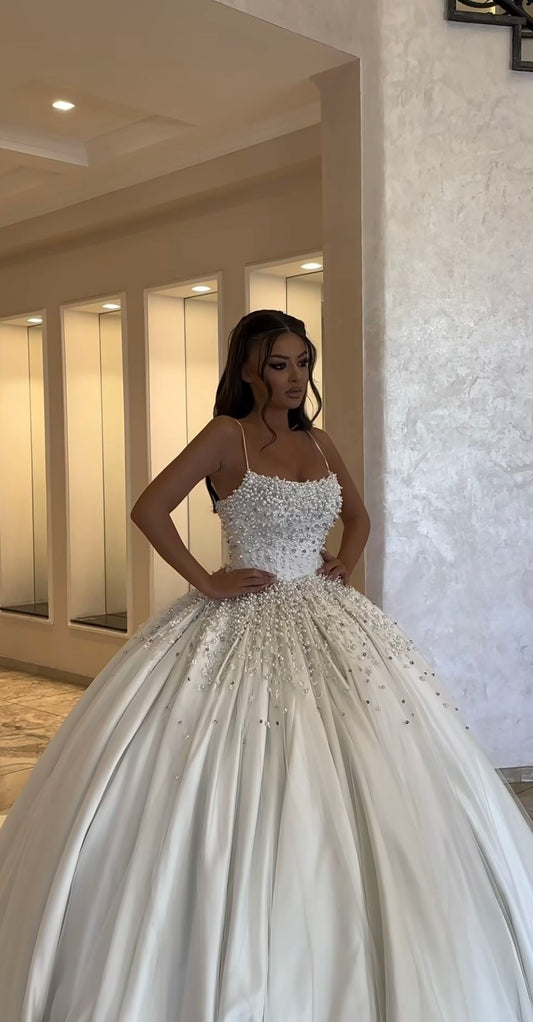 Dreamy Ball Gown Spaghetti Straps Long Satin White Beads Pearls Wedding Dress Fairy Formal Wedding Dresses B117