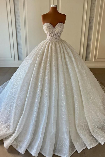 Robe de mariée élégante à paillettes et perles blanches, décolleté en cœur, robe de bal, robe de mariée de style féerique, B118