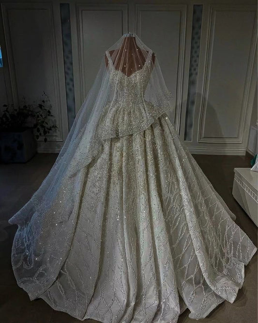 Dreamy Ball Gown Straps Long Sequin White Beads Wedding Dress Fairy Formal Wedding Dresses B121
