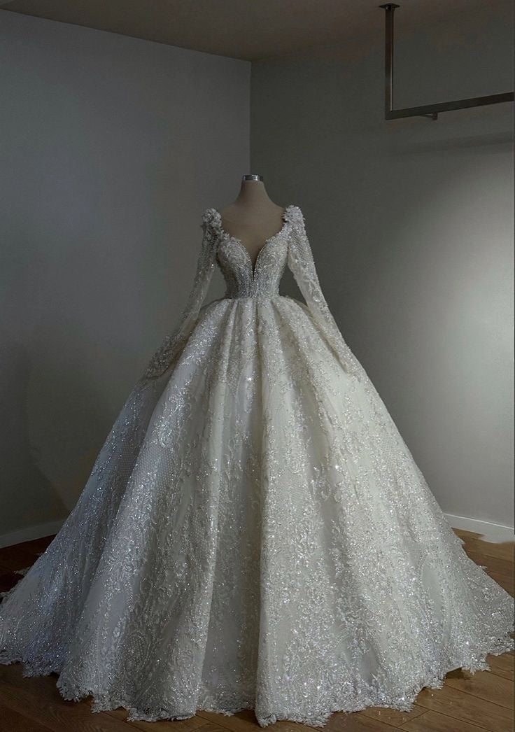 Dreamy Ball Gown V Neck Long Sleeves Sequin Wedding Dress Fairy Formal Wedding Dresses B122