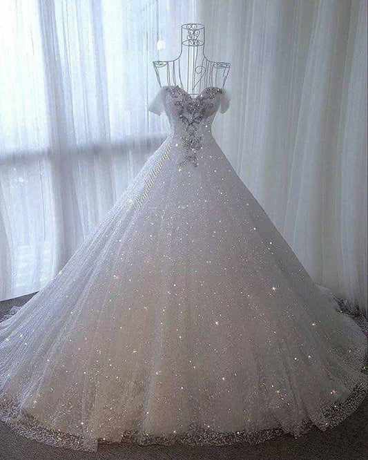 Romantic Ball Gown Off The Shoulder White Sequin Long Wedding Dress Fairy Formal Short Sleeves Wedding Dresses B126