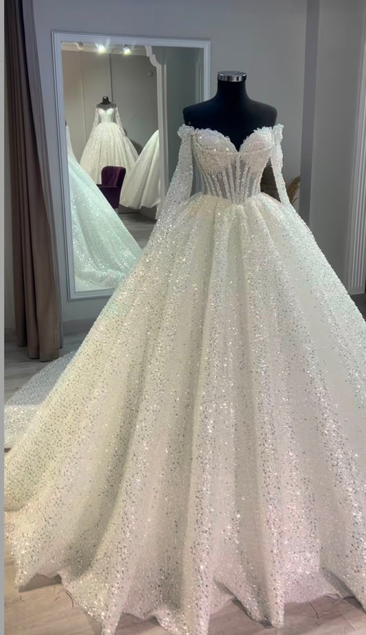 Timeless Ball Gown Sweetheart Long Sequin White Pleated Wedding Dress Fairy Formal Wedding Dresses B129