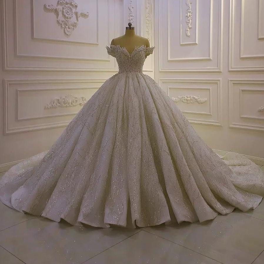 Timeless Ball Gown Off The Shoulder Long Sequin Pleated Wedding Dress Fairy Formal Wedding Dresses B130