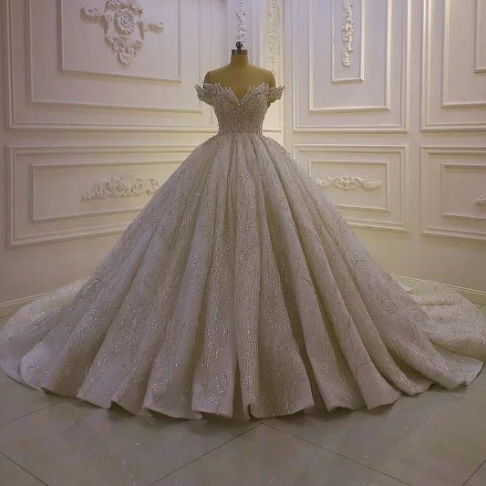 Timeless Ball Gown Off The Shoulder Long Sequin Pleated Wedding Dress Fairy Formal Wedding Dresses B130