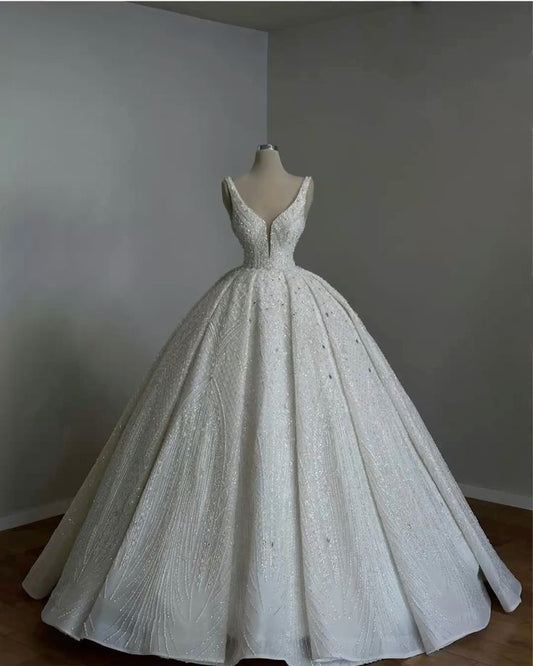 Elegant Ball Gown Straps Long Sequin White Beads Wedding Dress Fairy Formal Wedding Dresses B132
