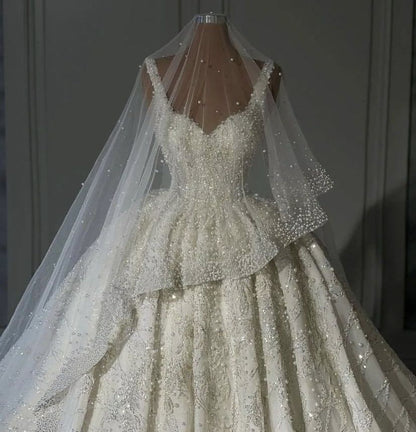 Robe de mariée de rêve à bretelles longues et paillettes blanches, robe de mariée de style féerique, B121