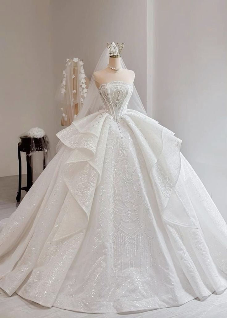 Elegant Ball Gown Strapless Sleeveless Long Sequin White Wedding Dress Fairy Formal Wedding Dresses B141