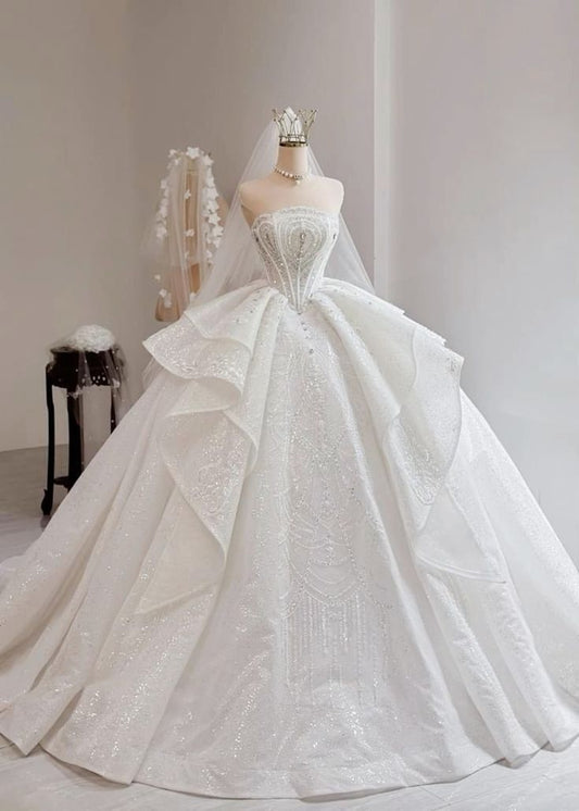 Elegant Ball Gown Strapless Sleeveless Long Sequin White Wedding Dress Fairy Formal Wedding Dresses B141