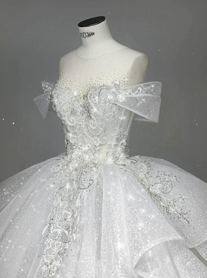 Robe de mariée blanche élégante à épaules dénudées et manches courtes, longue robe à paillettes, robe de mariée de style féerique B143
