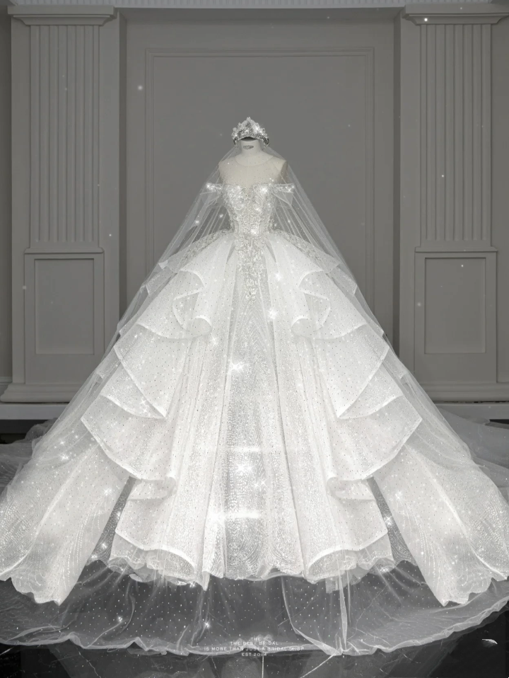 Robe de mariée blanche élégante à épaules dénudées et manches courtes, longue robe à paillettes, robe de mariée de style féerique B143