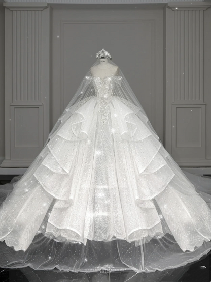 Robe de mariée blanche élégante à épaules dénudées et manches courtes, longue robe à paillettes, robe de mariée de style féerique B143