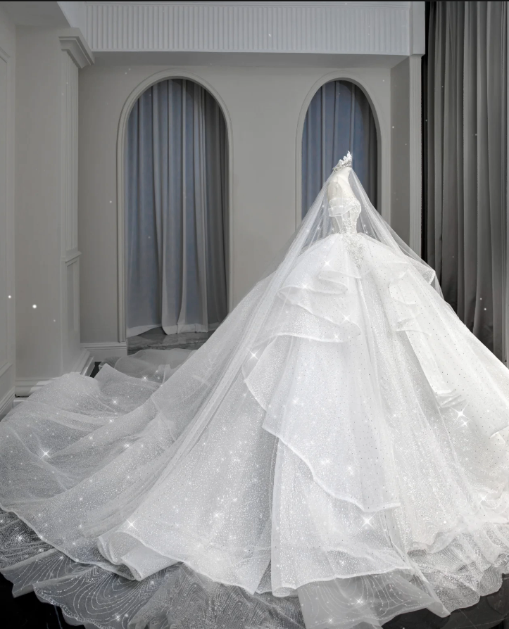 Robe de mariée blanche élégante à épaules dénudées et manches courtes, longue robe à paillettes, robe de mariée de style féerique B143