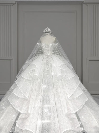Robe de mariée blanche élégante à épaules dénudées et manches courtes, longue robe à paillettes, robe de mariée de style féerique B143