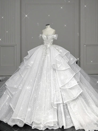 Robe de mariée blanche élégante à épaules dénudées et manches courtes, longue robe à paillettes, robe de mariée de style féerique B143