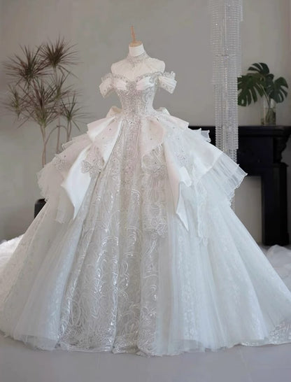 Robe de mariée longue en satin et dentelle, épaules dénudées, en tulle et paillettes, style féerique, manches courtes, B144