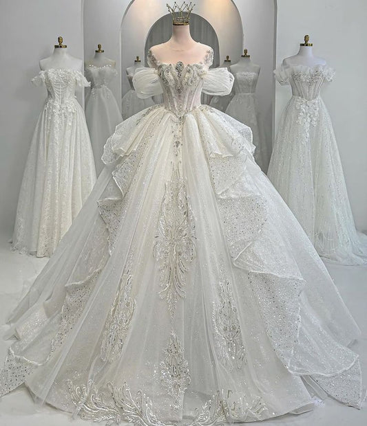 Elegant Ball Gown Off The Shoulder Short Sleeves Long Sequin Tulle White Wedding Dress Fairy Formal Wedding Dresses B145