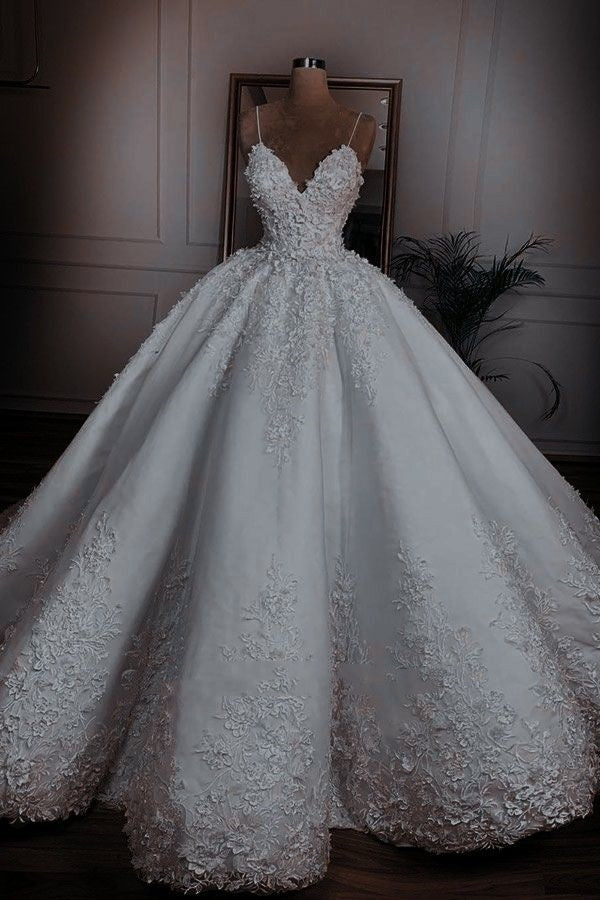 Schöne Ballkleid Spaghetti-Trägern Lange Spitze Weiß Appliques Brautkleid Fee Formale Brautkleider B146