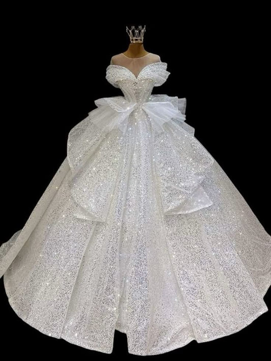 Elegant Ball Gown Off The Shoulder Short Sleeves Long Sequin White Wedding Dress Fairy Formal Wedding Dresses B152