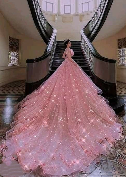 Dreamy Ball Gown V Neck Long Sequin Pink Flowers Tulle Wedding Dress Fairy Formal Wedding Dresses B160