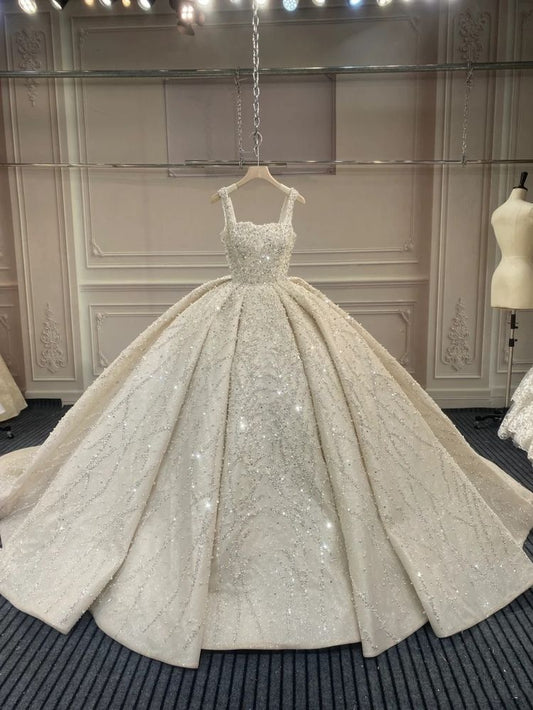 Dreamy Ball Gown Square Neck White Sequins Crystal Long Sparkly Wedding Dress Fairy Formal Wedding Dresses B163