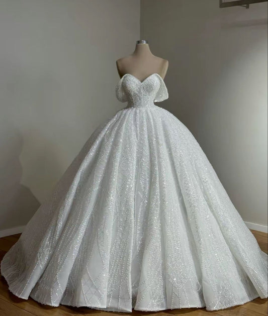 Elegant Ball Gown Off The Shoulder Short Sleeves Long Sequin Crystal White Wedding Dress Dream Formal Wedding Dresses B165