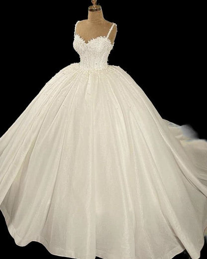 Elegant Ball Gown Spaghetti Straps Long Sequin White Silver Beads Wedding Dress Fairytale Formal Wedding Dresses B167
