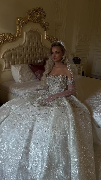Modest Ball Gown Strapless Neck White Tulle Sequins Long Wedding Dress Fairy Formal Brides Gown Wedding Dresses B37