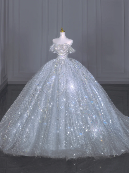 Robe de bal éthérée, épaules dénudées, manches courtes, paillettes longues, cristal blanc scintillant, robe de mariée de rêve B175