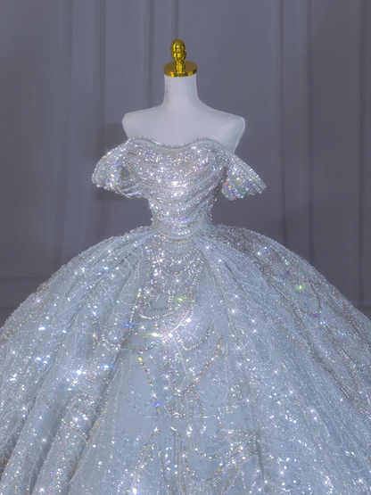 Robe de bal éthérée, épaules dénudées, manches courtes, paillettes longues, cristal blanc scintillant, robe de mariée de rêve B175