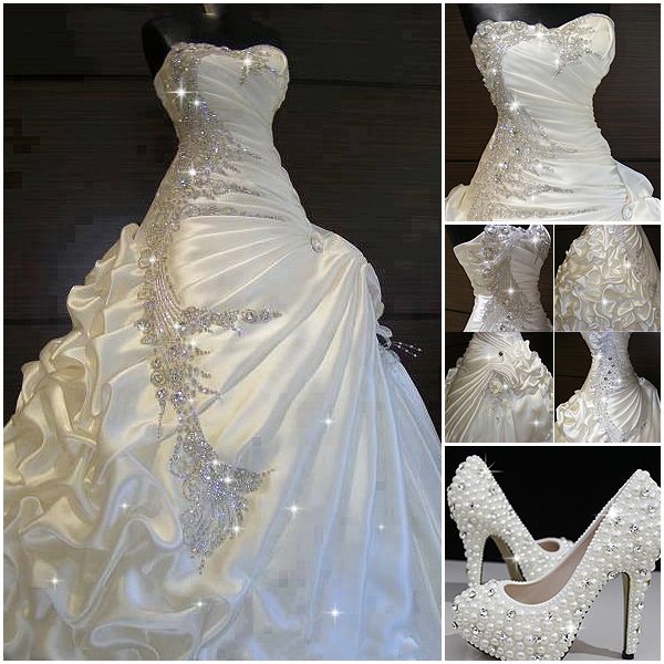 Vintage Ball Gown Sweetheart Long Silver Beads Crystal Satin Wedding Dress Fairytale Wedding Dresses B186