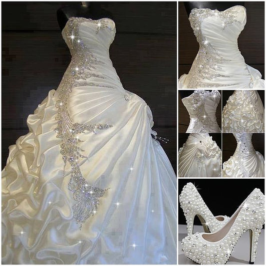 Vintage Ball Gown Sweetheart Long Silver Beads Crystal Satin Wedding Dress Fairytale Wedding Dresses B186