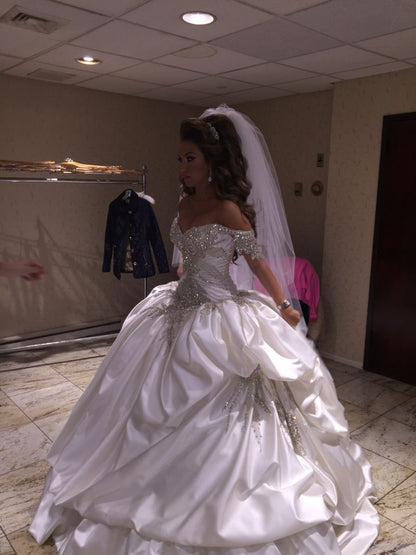 Vintage Ball Gown Off The Shoulder Princess Satin White Wedding Dress Fairytale Wedding Dresses Civil Brides Gowns B187