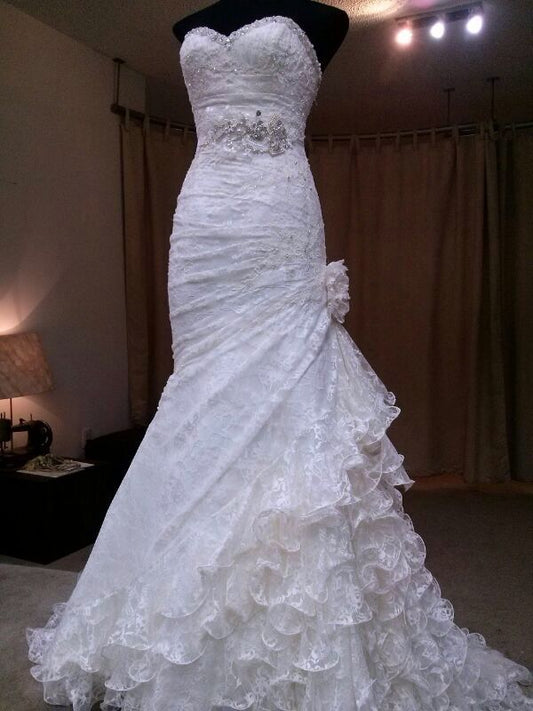 Retro Mermaid Sweetheart Ruffles Layers Silver Beads Long Wedding Dress White Lace Wedding Dresses Civil Ruffles Brides Gowns B201