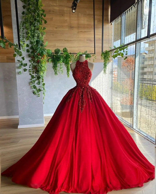 Aesthetic Ball Gown High Neck Red Tulle Long Quinceanera Dress 2000s Quinceanera Dresses Sweet 15 16 Dress B226
