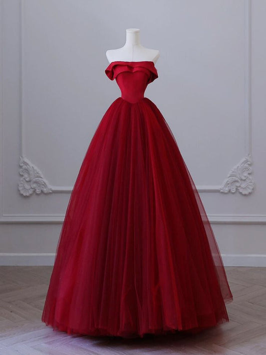 Modest A Line Strapless Tulle Red Prom Dresses Inspiration Trending Prom Gowns Princess Formal Prom Dress B228