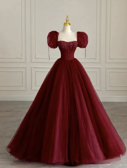 Robe de bal modeste, col carré, bordeaux, rouge, manches courtes, longue, robe de Quinceanera, sexy, robe Sweet 16, B234