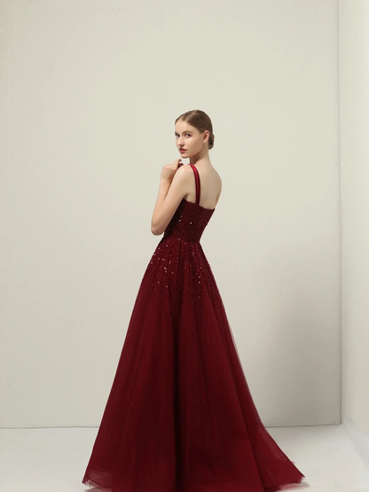 Robe de bal rouge modeste à bretelles spaghetti, inspiration tendance, robe de bal princesse formelle B241
