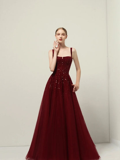 Robe de bal rouge modeste à bretelles spaghetti, inspiration tendance, robe de bal princesse formelle B241