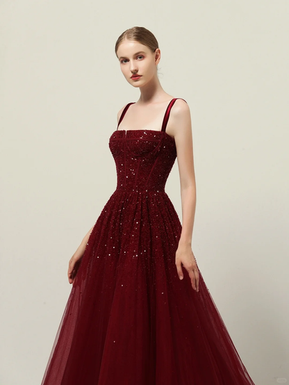 Robe de bal rouge modeste à bretelles spaghetti, inspiration tendance, robe de bal princesse formelle B241