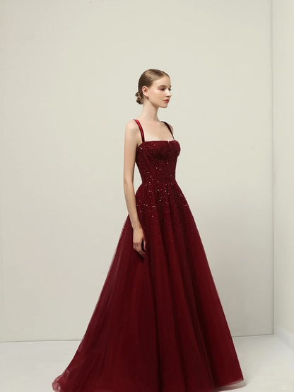 Robe de bal rouge modeste à bretelles spaghetti, inspiration tendance, robe de bal princesse formelle B241