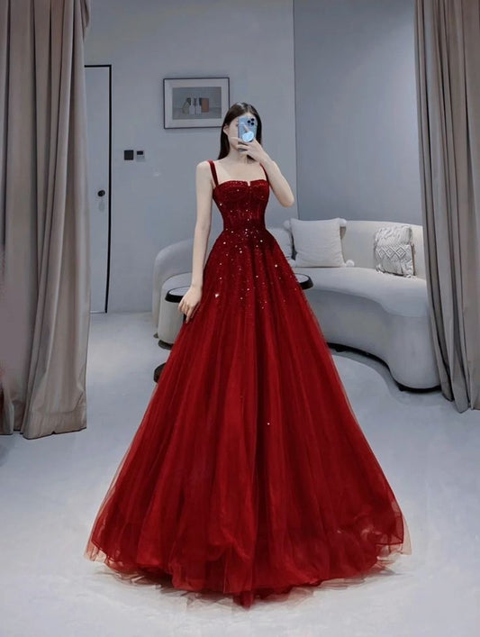 Modest Ball Gown Spaghetti Straps Red Prom Dresses Inspiration Trending Prom Gowns Princess Formal Prom Dress B241