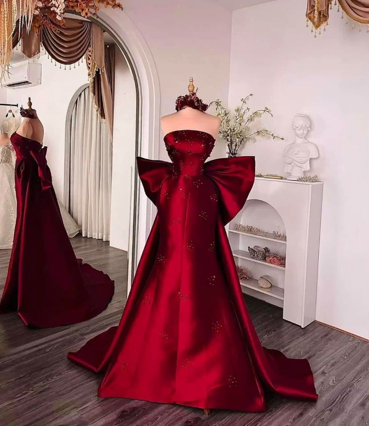 Robe de bal sirène bustier en satin bordeaux, style princesse, tendance, B244