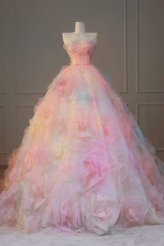 Modest Ball Gown Strapless Pink Floral Tulle Prom Dresses Inspiration Trending Prom Gowns Princess Formal Prom Dress B248