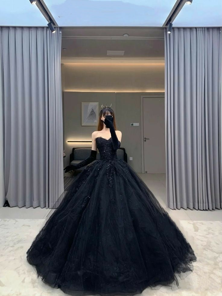 Robe de bal modeste en tulle noir, décolleté en cœur, longue, robe de Quinceanera sexy, robe Sweet 16 B249